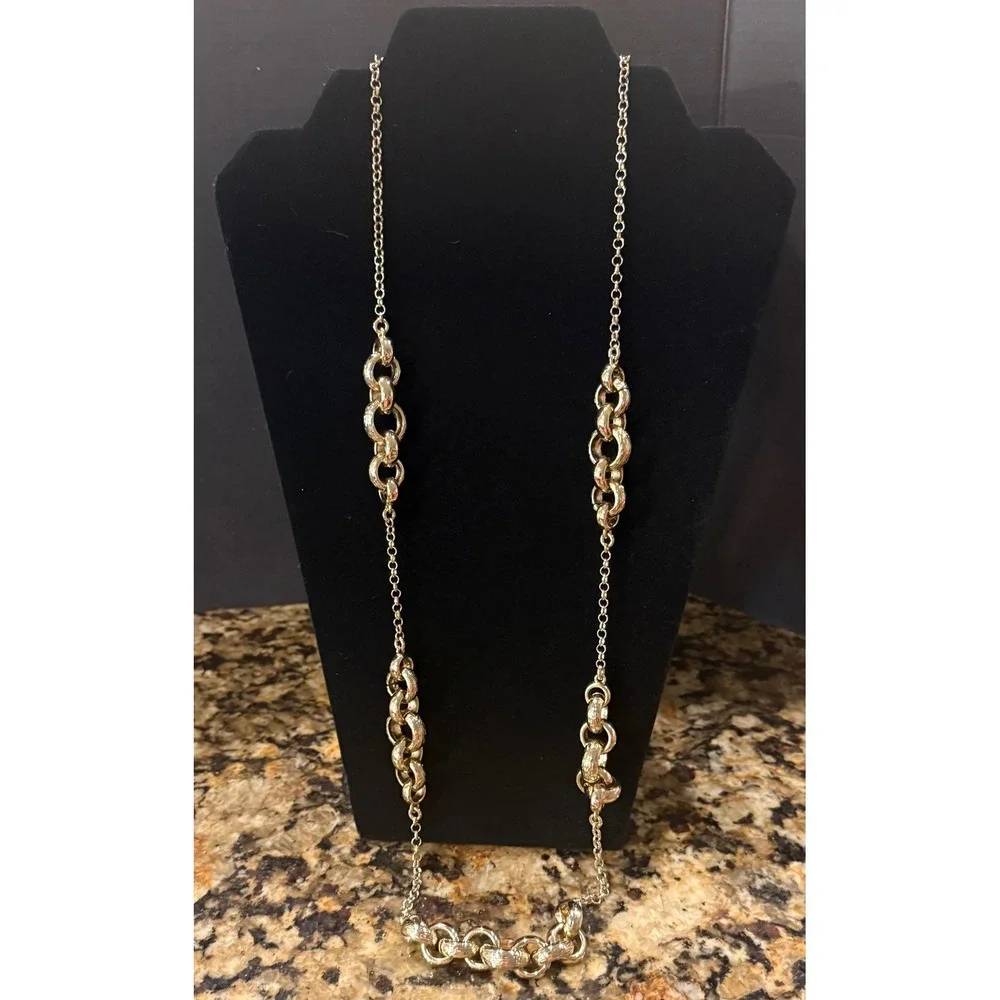 Banana Republic Necklace Gold Long Textured Interlocking Stations Chain Link